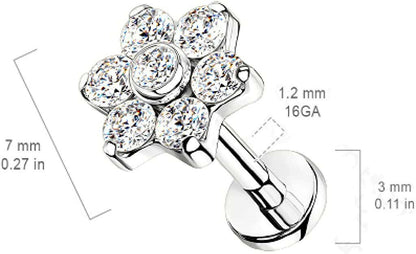 Titanium Internally Threaded CZ Flower Top With Bezel Center Petals Labret Labret Impulse Piercings