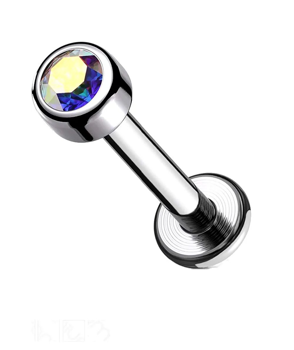 Titanium Internally Threaded Round Bezel Gem Labret Labret Impulse Piercings Aurora Borealis