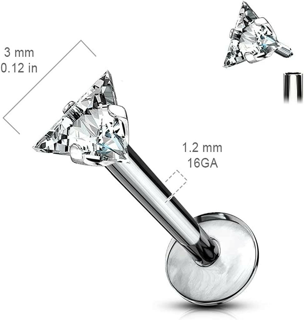 Titanium Internally Threaded Triangle CZ Top Labret Labret Impulse Piercings