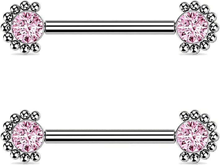 Titanium Internally Threaded With Bezel CZ Center and Beaded Edge Ends Nipple Barbell Rings Nipple Ring Impulse Piercings Pink