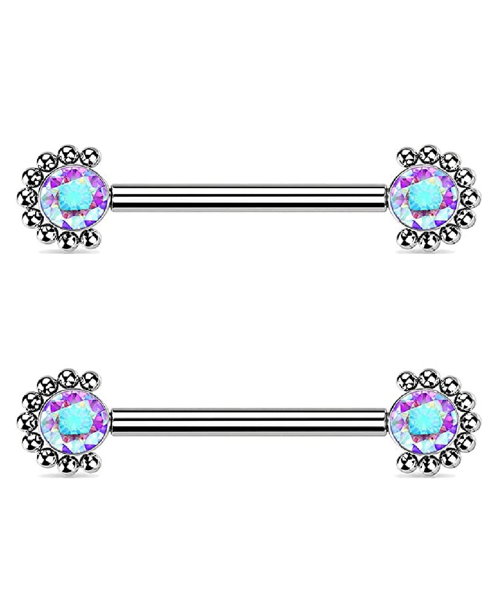 Titanium Internally Threaded With Bezel CZ Center and Beaded Edge Ends Nipple Barbell Rings Nipple Ring Impulse Piercings Aurora Borealis