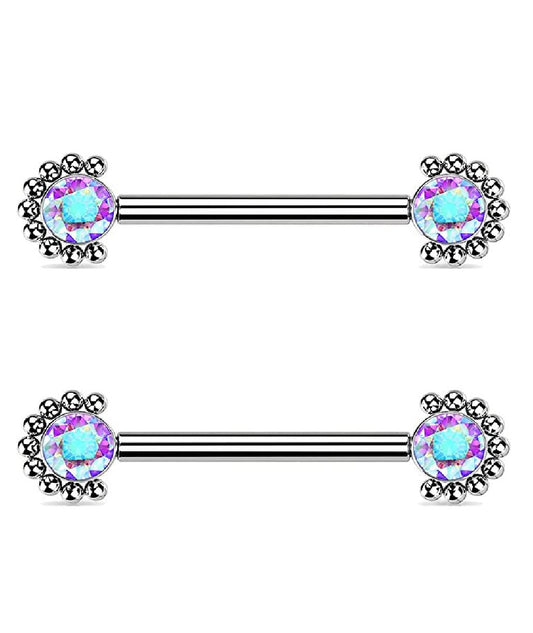 Titanium Internally Threaded With Bezel CZ Center and Beaded Edge Ends Nipple Barbell Rings Nipple Ring Impulse Piercings Aurora Borealis