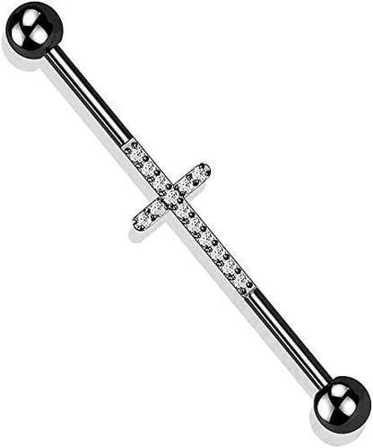 Titanium Internally Threaded With CNC CZ Lined Cross Center Industrial Barbell Industrial Barbell Impulse Piercings