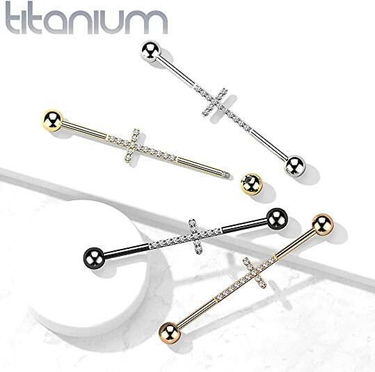 Titanium Internally Threaded With CNC CZ Lined Cross Center Industrial Barbell Industrial Barbell Impulse Piercings