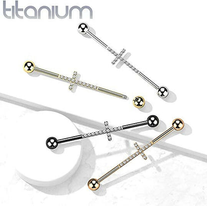 Titanium Internally Threaded With CNC CZ Lined Cross Center Industrial Barbell Industrial Barbell Impulse Piercings