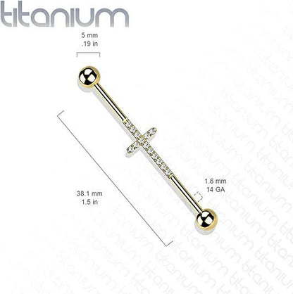 Titanium Internally Threaded With CNC CZ Lined Cross Center Industrial Barbell Industrial Barbell Impulse Piercings