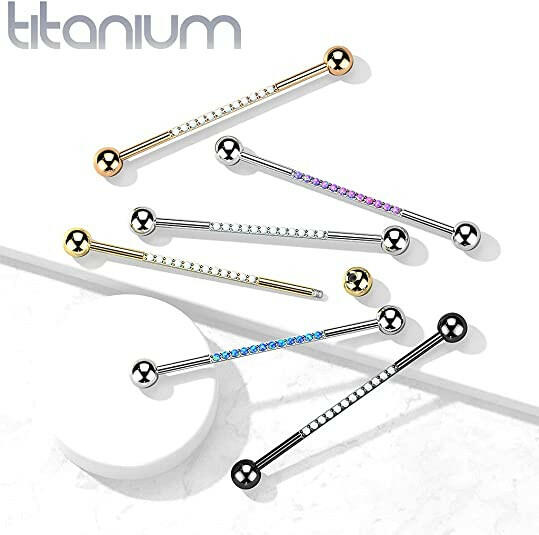 Titanium Internally Threaded With CNC CZs or Opals on Bar Industrial Barbell Industrial Barbell Impulse Piercings