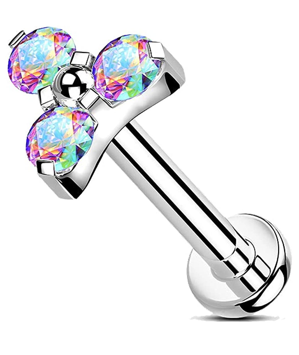 Titanium Internally Threaded With CZ Trinity Top Labret Labret Impulse Piercings Aurora Borealis