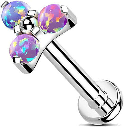 Titanium Internally Threaded With Opal Trinity Top Labret Labret Impulse Piercings Opal Purple