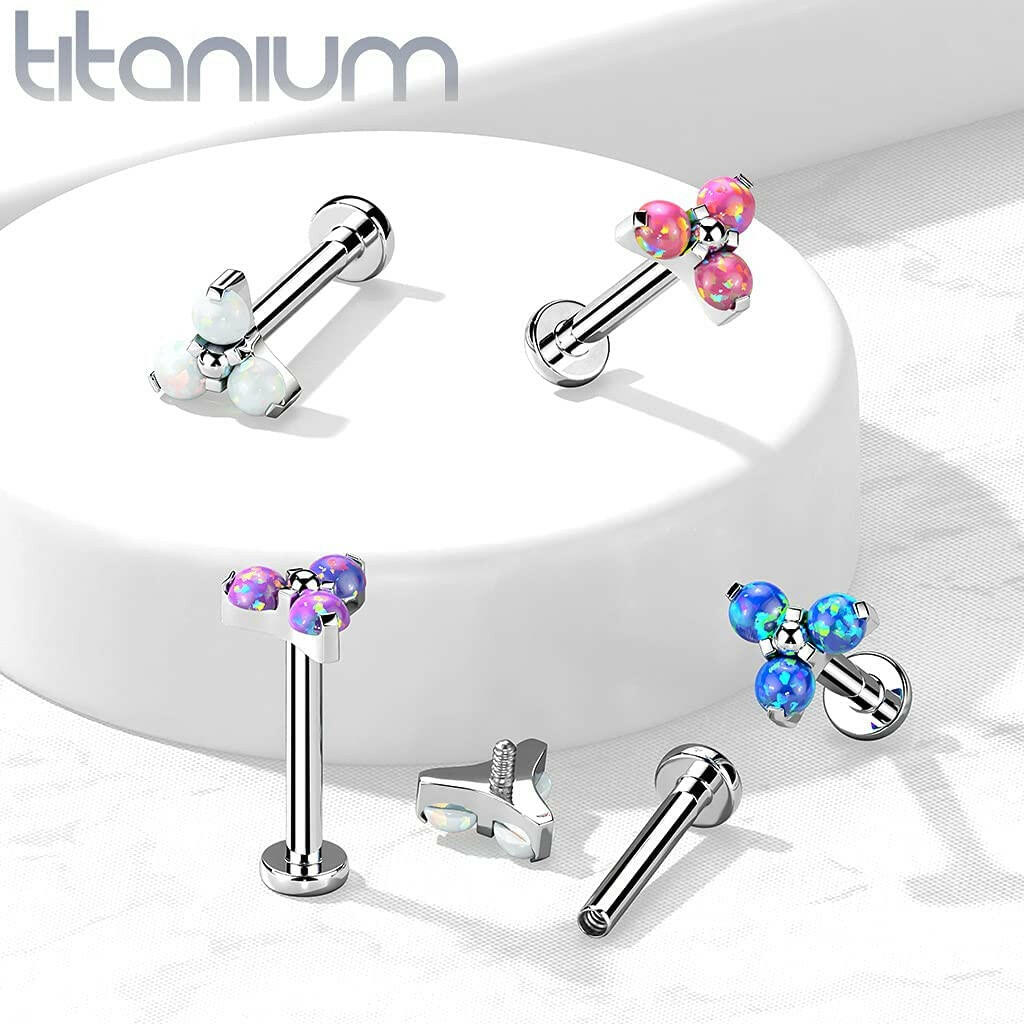 Titanium Internally Threaded With Opal Trinity Top Labret Labret Impulse Piercings Opal White