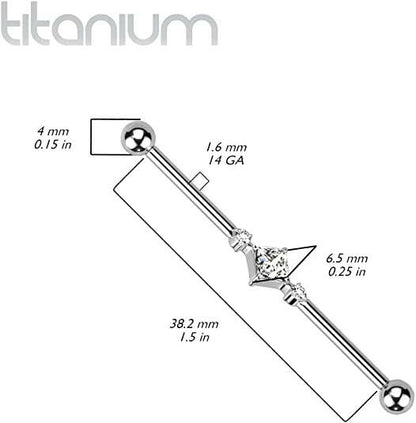 Titanium Internally Threaded With Square CZ Center and 2 Round CZs Industrial Barbell Industrial Barbell Impulse Piercings