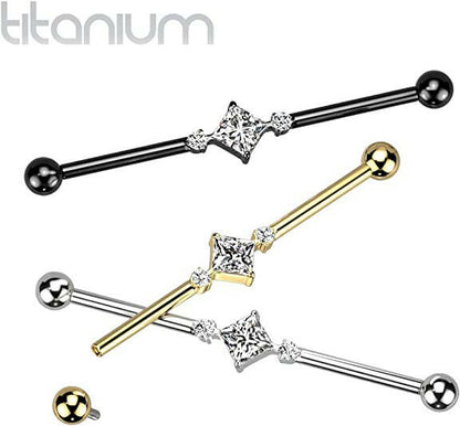 Titanium Internally Threaded With Square CZ Center and 2 Round CZs Industrial Barbell Industrial Barbell Impulse Piercings