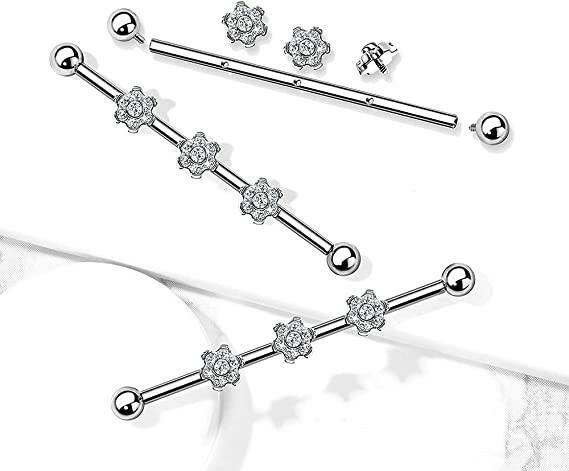 Titanium Internally Threaded With Three 6-CZ Flowers on Threaded Bar Industrial Barbell Industrial Barbell Impulse Piercings