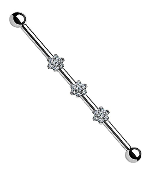 Titanium Internally Threaded With Three 6-CZ Flowers on Threaded Bar Industrial Barbell Industrial Barbell Impulse Piercings