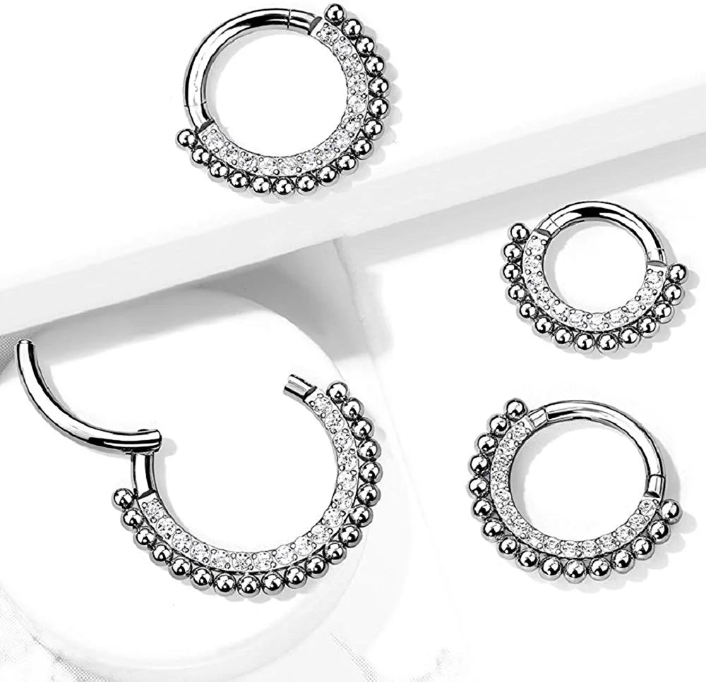 Titanium Lined With Pave CZs and Beads Hinged Segment Hoop Ring Nose Ring, cartilage ring Impulse Piercings