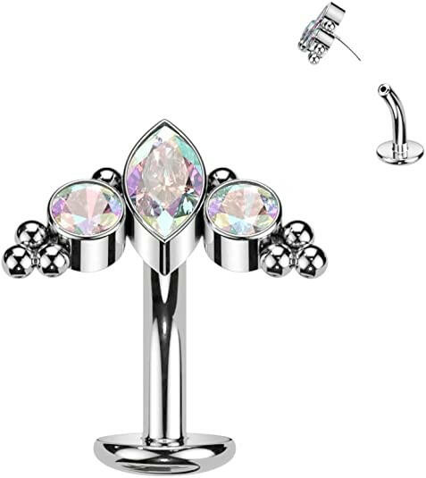 Titanium Marquise CZ or Opal Center Surrounded by CZs and Ball Clusters Top With Threadless Floating Convex Base Belly Navel Ring Navel Ring Impulse Piercings Aurora Borealis