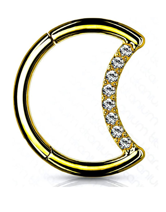 Titanium Pave CZ Crescent Moon Hinged Segment Hoop Ring Nose Ring, cartilage ring Impulse Piercings Gold