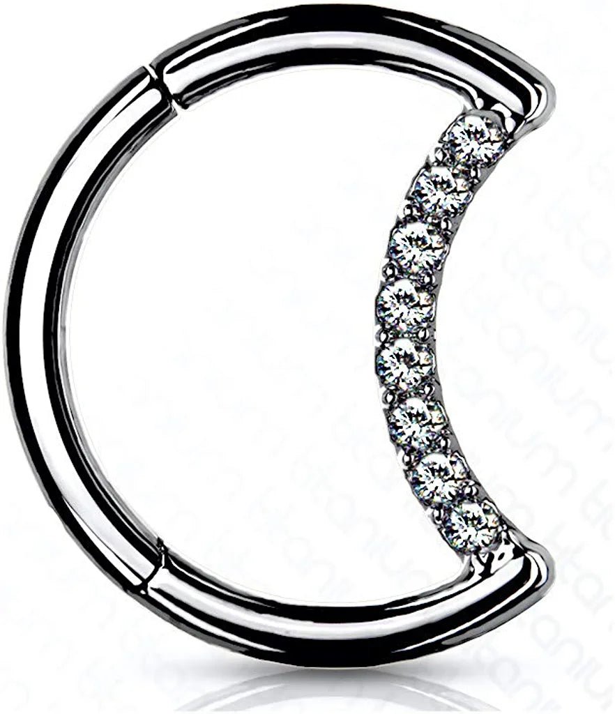 Titanium Pave CZ Crescent Moon Hinged Segment Hoop Ring Nose Ring, cartilage ring Impulse Piercings Steel