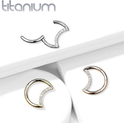 Titanium Pave CZ Crescent Moon Hinged Segment Hoop Ring Nose Ring, cartilage ring Impulse Piercings