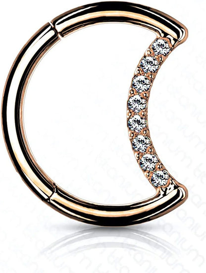 Titanium Pave CZ Crescent Moon Hinged Segment Hoop Ring Nose Ring, cartilage ring Impulse Piercings Rose Gold