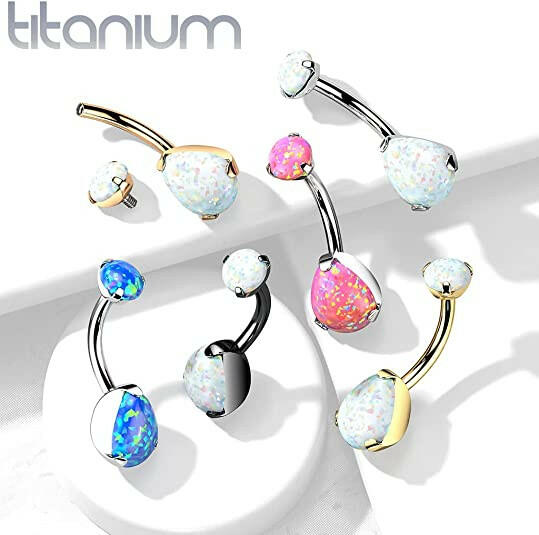 Titanium Prong Pear Shape Opal with Threaded Round Opal Top Belly Navel Ring Navel Ring Impulse Piercings