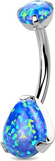 Titanium Prong Pear Shape Opal with Threaded Round Opal Top Belly Navel Ring Navel Ring Impulse Piercings Blue