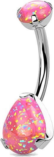 Titanium Prong Pear Shape Opal with Threaded Round Opal Top Belly Navel Ring Navel Ring Impulse Piercings Pink