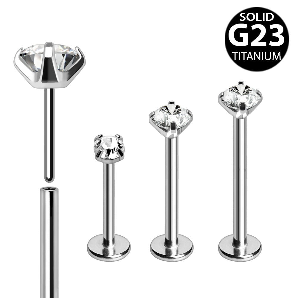 Titanium Push-In Labret with Clear Prong Set CZ Labret Skin Metals