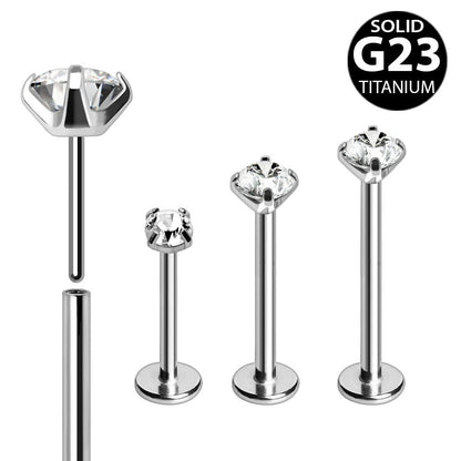 Titanium Push-In Labret with Clear Prong Set CZ Labret Skin Metals