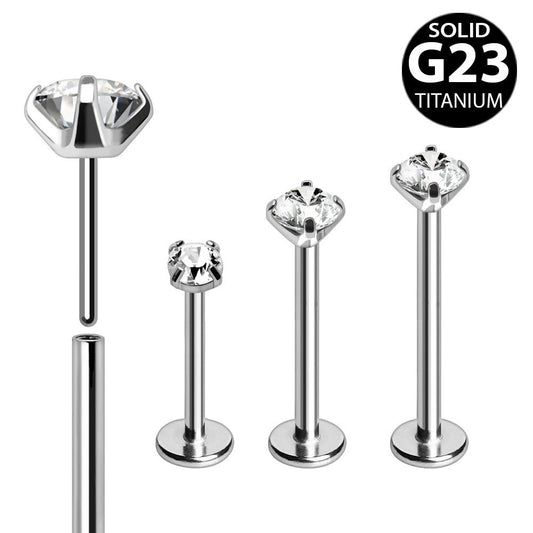 Titanium Push-In Labret with Clear Prong Set CZ Labret Skin Metals