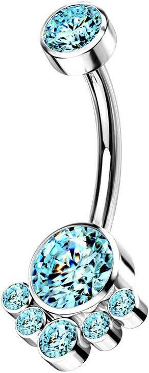 Titanium Round Bezel CZ Cluster With Threaded Belly Navel Ring Navel Ring Impulse Piercings Aqua