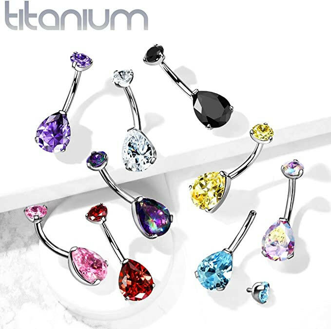 Titanium Round Top CZ With Prong Pear CZ Belly Navel Ring Navel Ring Impulse Piercings