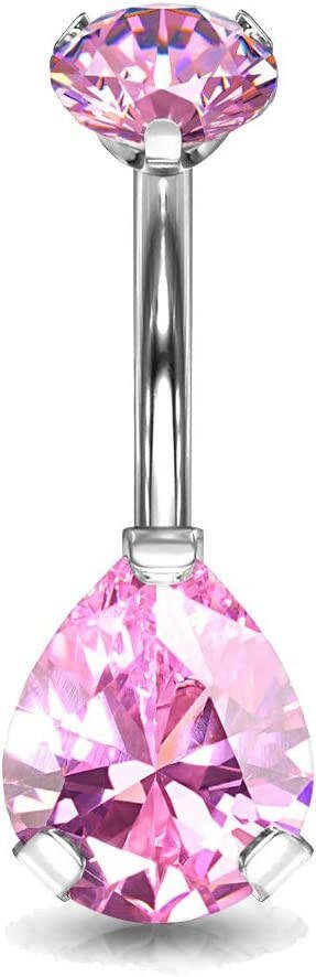 Titanium Round Top CZ With Prong Pear CZ Belly Navel Ring Navel Ring Impulse Piercings Pink