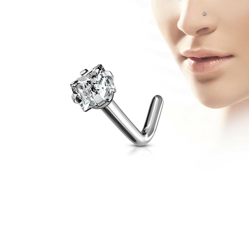 Titanium Square CZ L Bend Nose Ring Nose Ring Impulse Piercings