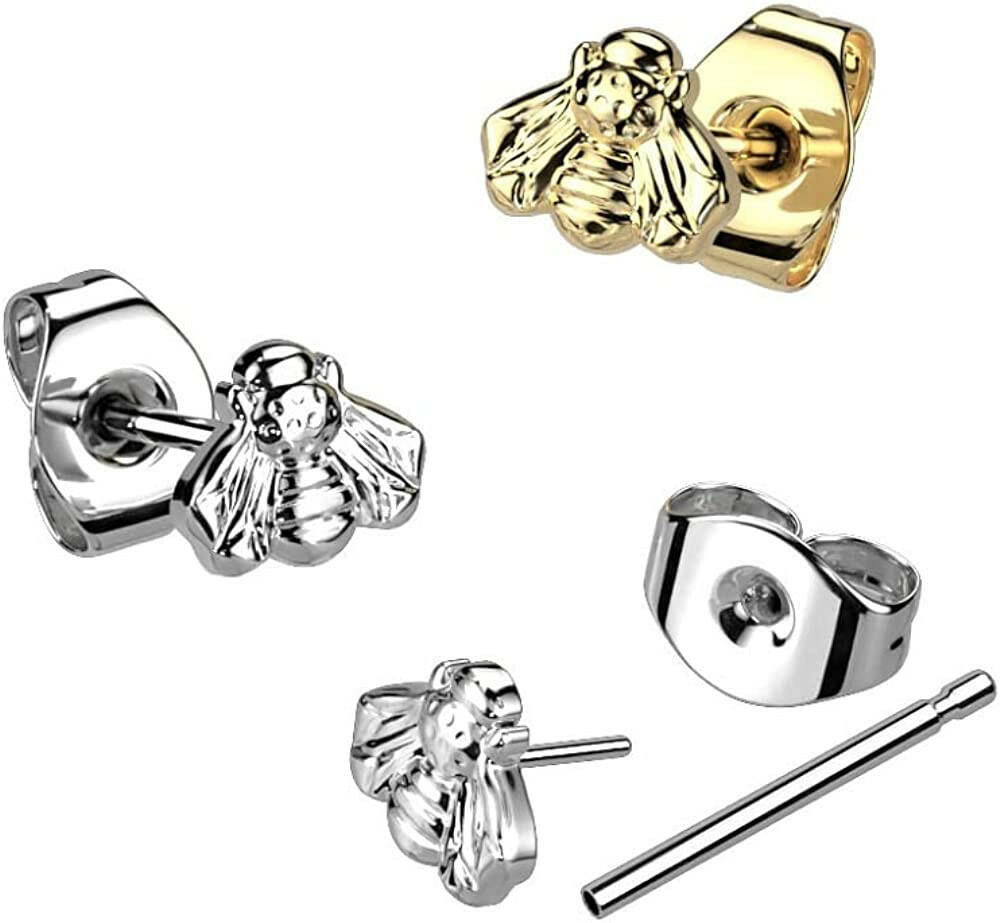 Titanium Threadless Push In Bee Top Stud Earrings Cartilage Impulse Piercings Gold