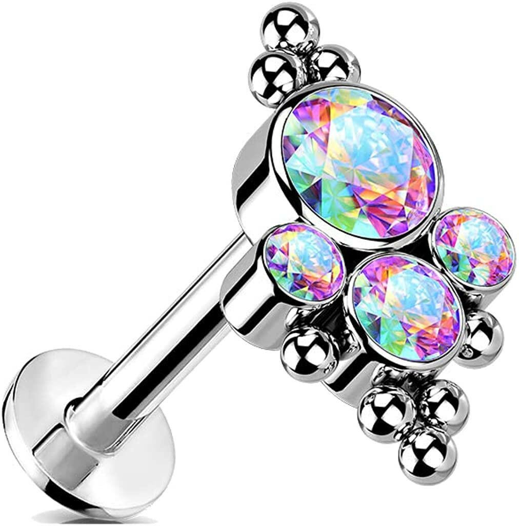 Titanium Threadless Push in Bezel CZ Cluster Center and Beaded Ball Edge Top Labret Labret Impulse Piercings 16GA Length: 8mm Aurora Borealis