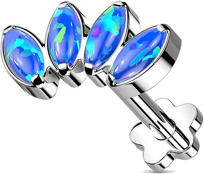 Titanium Threadless Push in Flower Base With 4-Marquise Opal Fan Top Labret Labret Impulse Piercings Blue