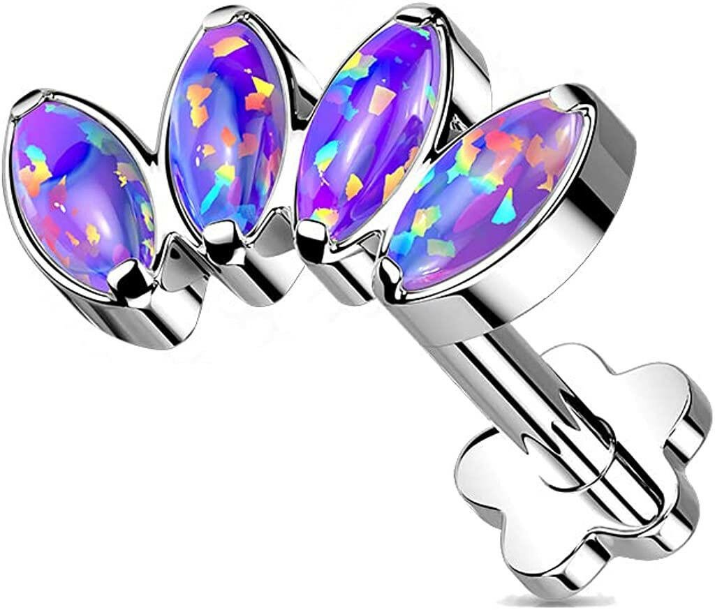 Titanium Threadless Push in Flower Base With 4-Marquise Opal Fan Top Labret Labret Impulse Piercings Purple