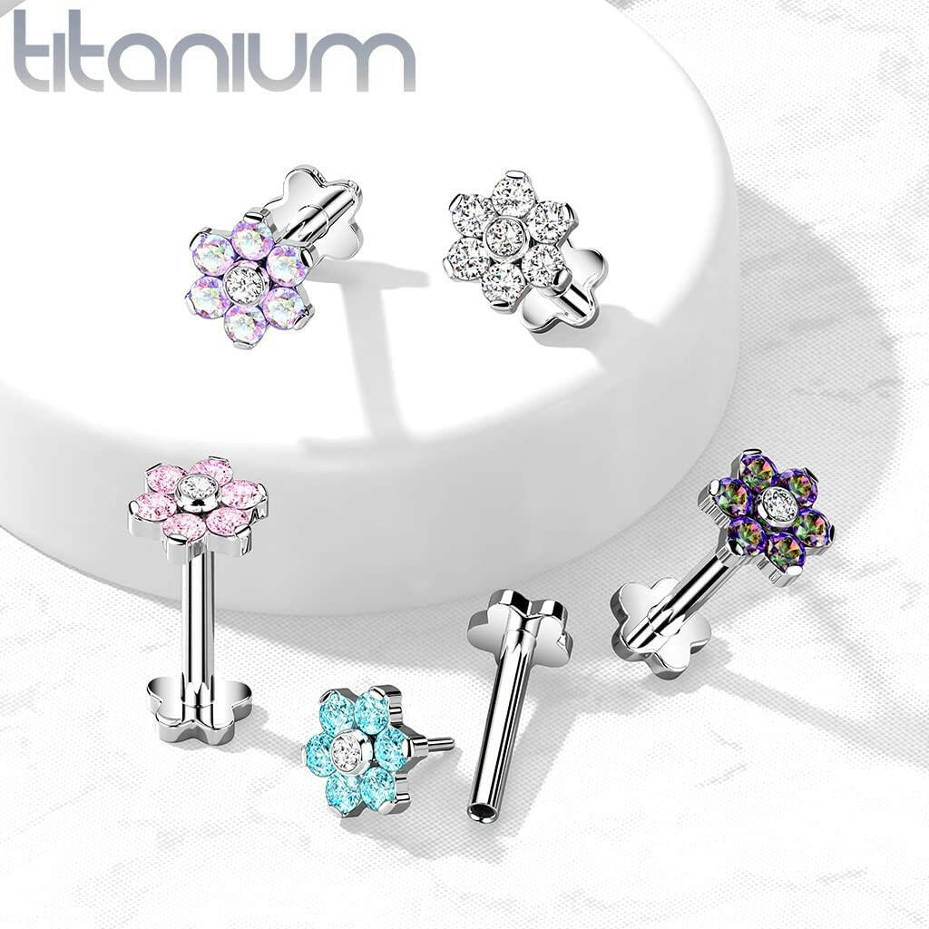 Titanium Threadless Push in Flower Base With CZ Flower Top Labret Labret Impulse Piercings