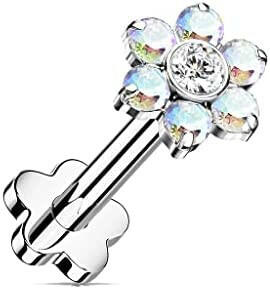 Titanium Threadless Push in Flower Base With CZ Flower Top Labret Labret Impulse Piercings Aurora Borealis