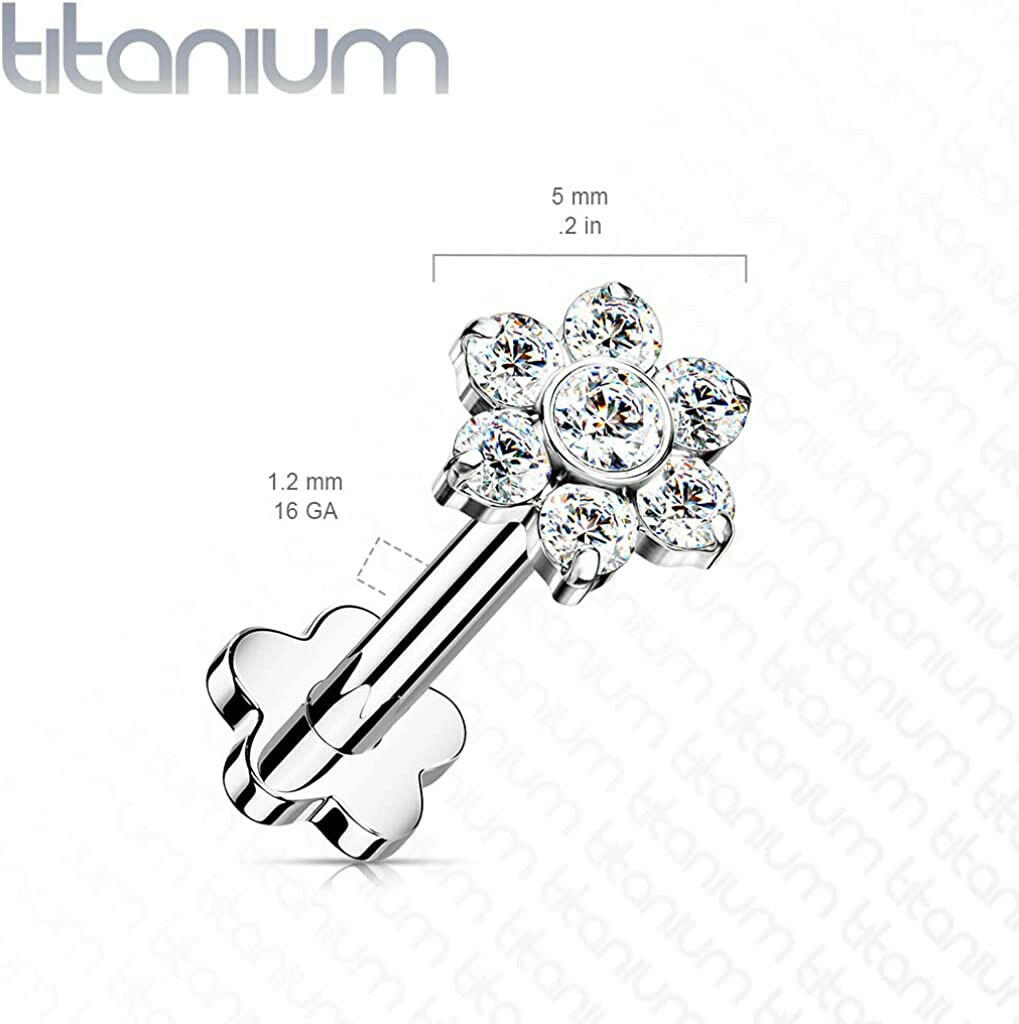 Titanium Threadless Push in Flower Base With CZ Flower Top Labret Labret Impulse Piercings