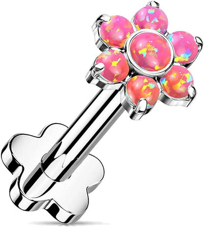 Titanium Threadless Push in Flower Base With Opal Flower Top Labret Labret Impulse Piercings Pink