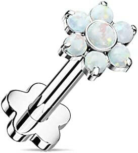 Titanium Threadless Push in Flower Base With Opal Flower Top Labret Labret Impulse Piercings White