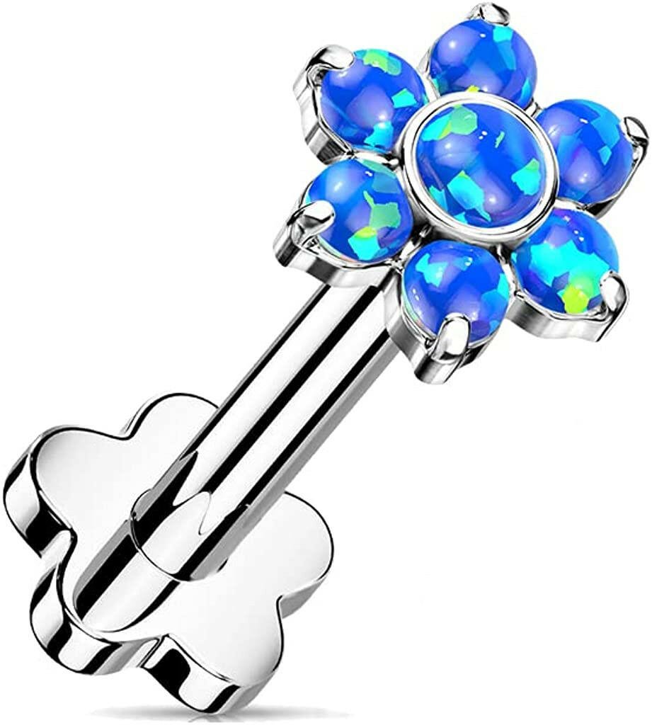 Titanium Threadless Push in Flower Base With Opal Flower Top Labret Labret Impulse Piercings Blue