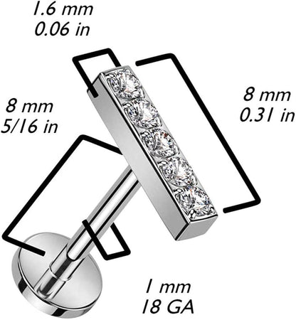 Titanium Threadless Push In Labret Flat Back Stud With 5 CNC CZ Lined Straight Bar Top Cartilage Cartilage Earring Impulse Piercings