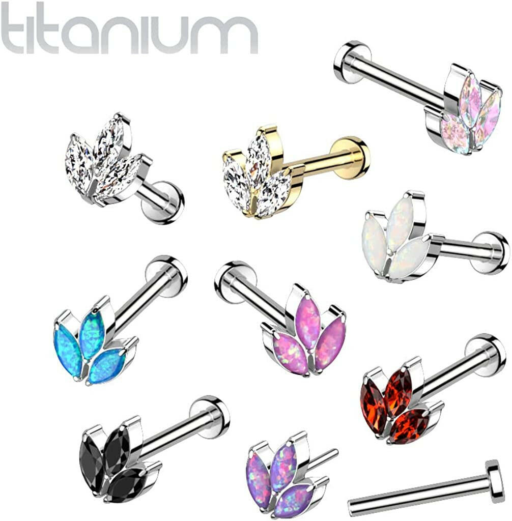 Titanium Threadless Push In With 3 Marquise CZ or Opal Leaf Top Labret Labret Impulse Piercings