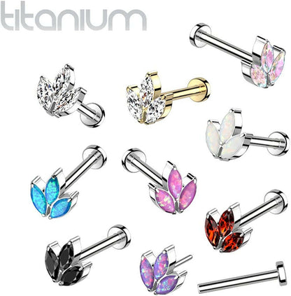 Titanium Threadless Push In With 3 Marquise CZ or Opal Leaf Top Labret Labret Impulse Piercings