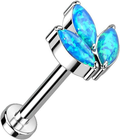 Titanium Threadless Push In With 3 Marquise CZ or Opal Leaf Top Labret Labret Impulse Piercings Opal Blue