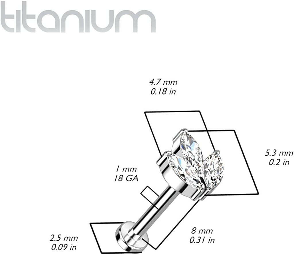 Titanium Threadless Push In With 3 Marquise CZ or Opal Leaf Top Labret Labret Impulse Piercings