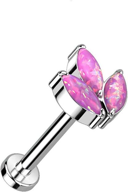 Titanium Threadless Push In With 3 Marquise CZ or Opal Leaf Top Labret Labret Impulse Piercings Opal Pink